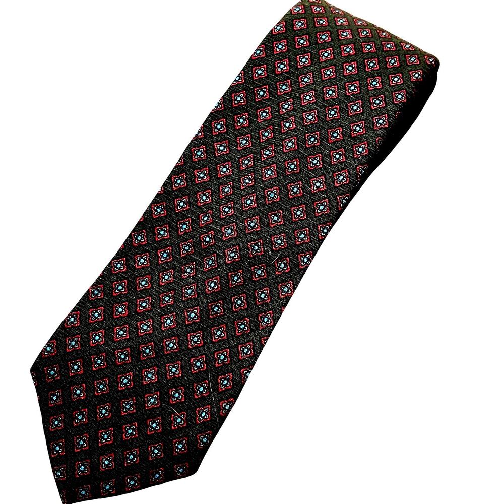 Liberty of London wool blend neck tie dark brown red & blue geometric classic